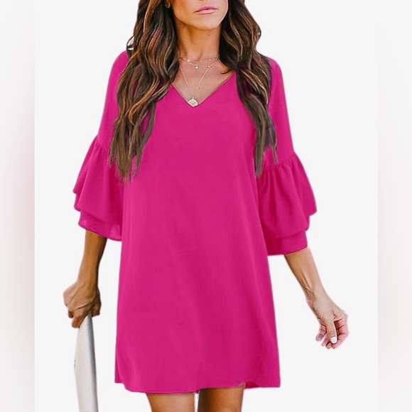 NEW BELONGSCI 3/4 Bell Sleeve Casual V-Neck Shift Dress Mini Dress XL - Picture 5 of 11